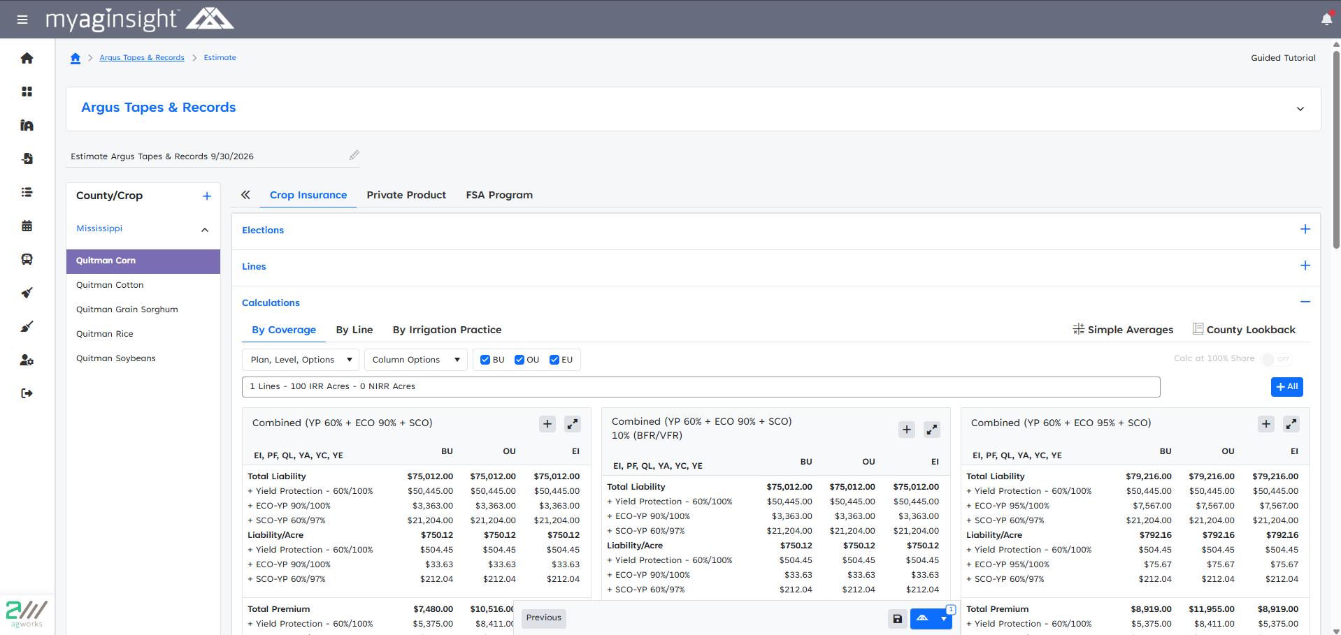 MyAgInsight estimate comparing combined YP, ECO and SCO coverage across basic, optional and enterprise units